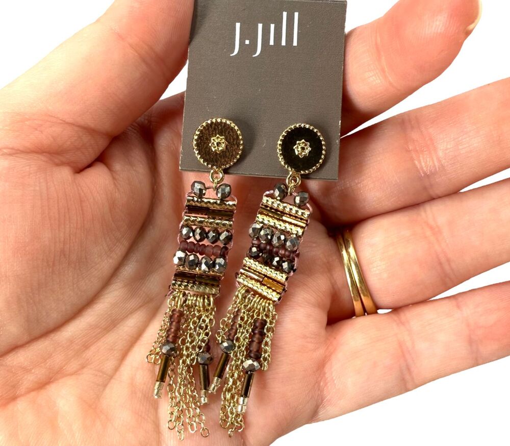 J Jill Beaded Fringe Earrings Gold Violet Glass Boho Statement Dangle Resort NWT - Picture 3 of 7